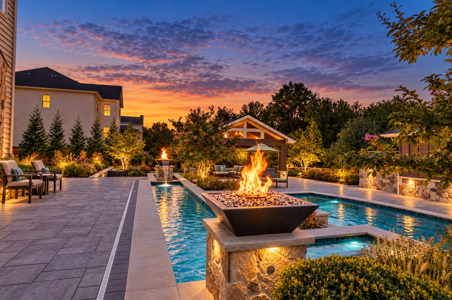 Pool and patio with fire pit at twilight