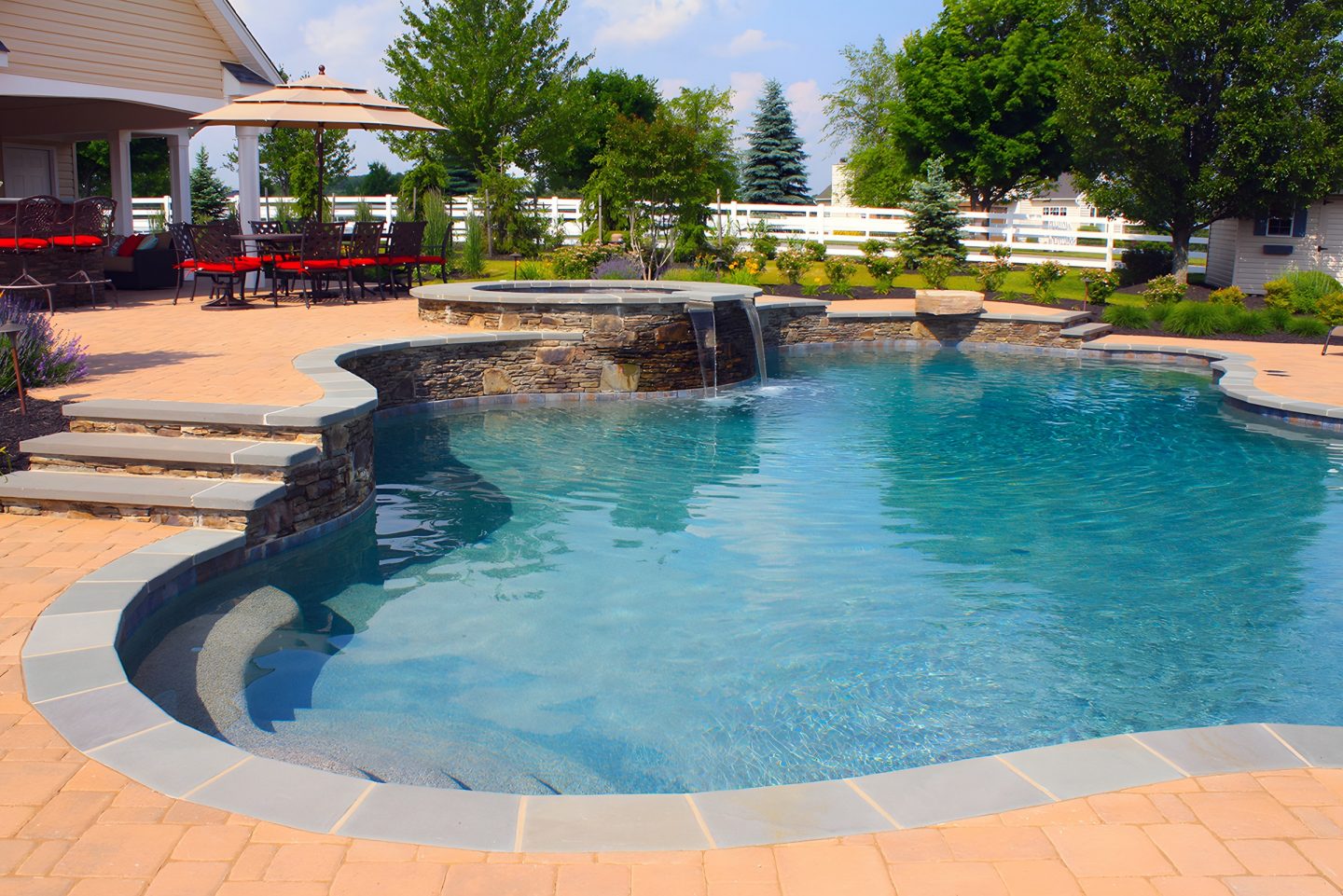 Pool with waterfall in landscaped backyard
