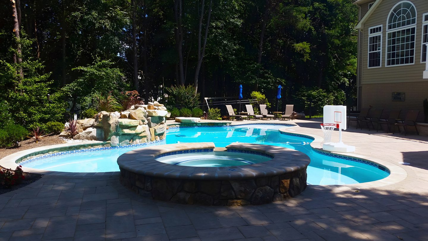 Pool in residential backyard with surrounding trees and foliage