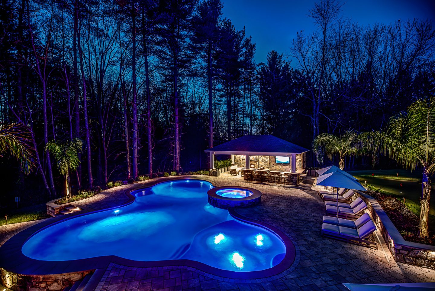 A kidney-shaped swimming pool with integrated spa sits in a wooded residential backyard at night
